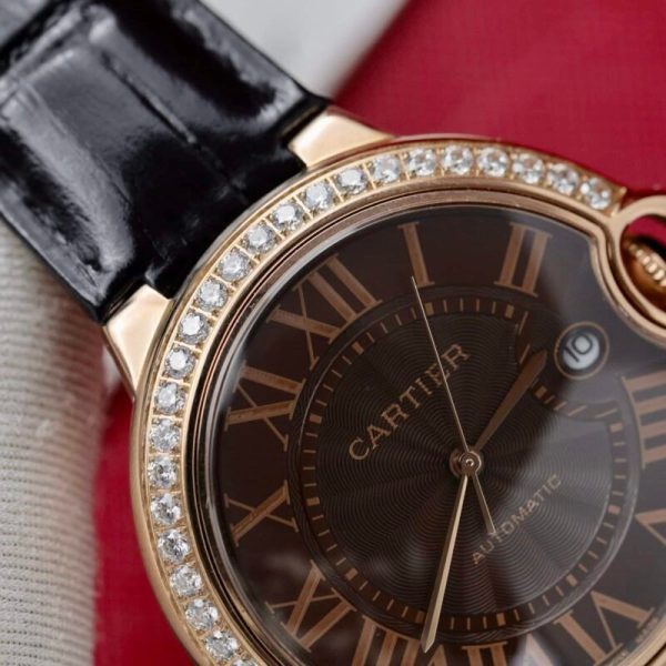 Cartier Ballon Bleu Rose Gold Grey Dial Diamond Bezel Leather Replica 42mm - Image 5