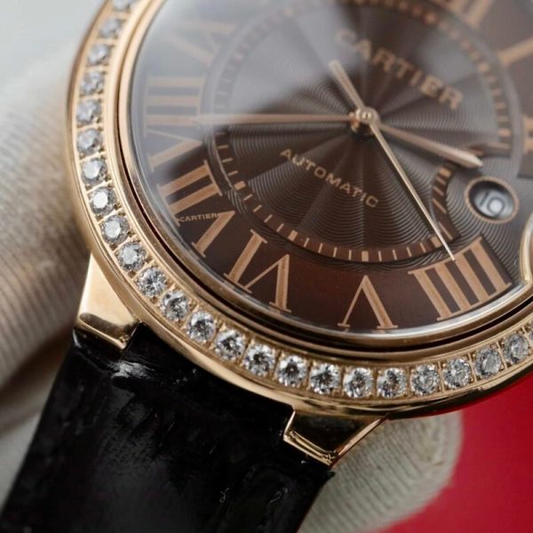 Cartier Ballon Bleu Rose Gold Grey Dial Diamond Bezel Leather Replica 42mm - Image 6