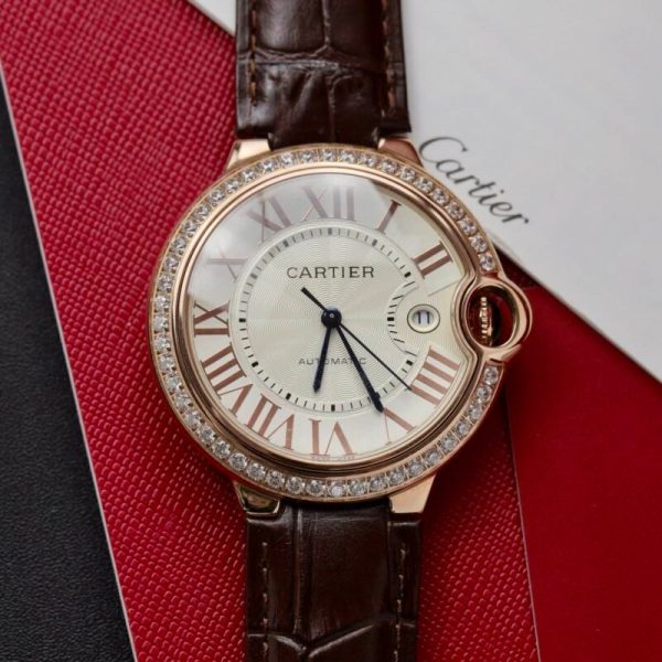 Cartier Ballon Bleu Rose Gold White Dial Diamond Bezel Leather Replica 42mm - Image 2