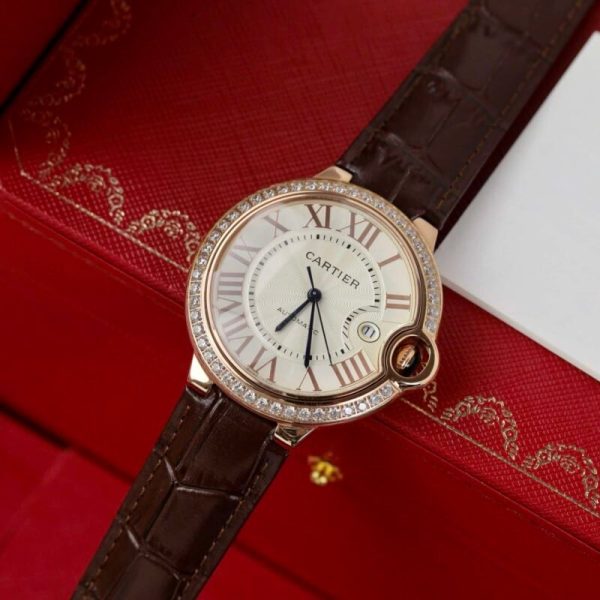Cartier Ballon Bleu Rose Gold White Dial Diamond Bezel Leather Replica 42mm - Image 3