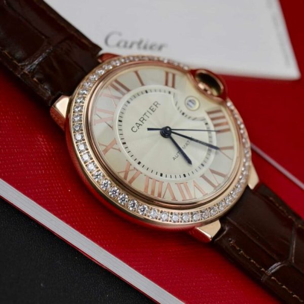 Cartier Ballon Bleu Rose Gold White Dial Diamond Bezel Leather Replica 42mm - Image 4