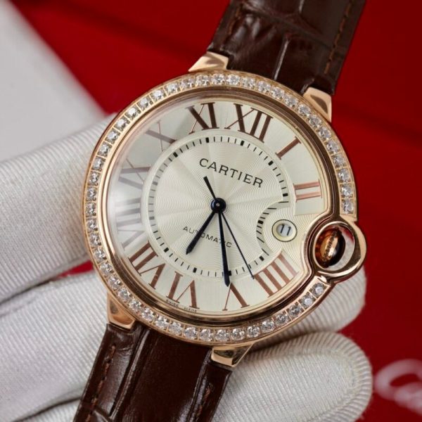 Cartier Ballon Bleu Rose Gold White Dial Diamond Bezel Leather Replica 42mm - Image 5