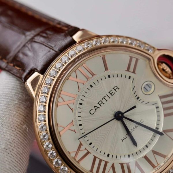 Cartier Ballon Bleu Rose Gold White Dial Diamond Bezel Leather Replica 42mm - Image 6