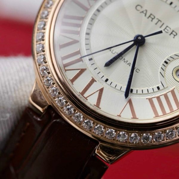 Cartier Ballon Bleu Rose Gold White Dial Diamond Bezel Leather Replica 42mm - Image 7