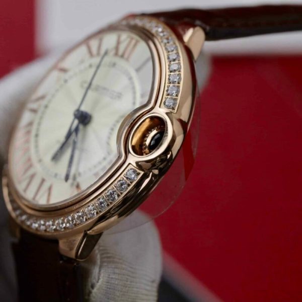 Cartier Ballon Bleu Rose Gold White Dial Diamond Bezel Leather Replica 42mm - Image 8