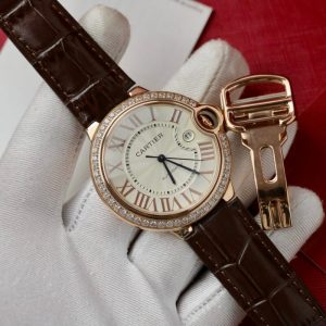 Cartier Ballon Bleu Rose Gold White Dial Diamond Bezel Leather Replica 42mm
