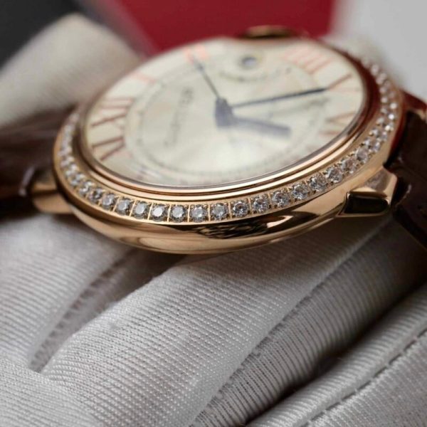 Cartier Ballon Bleu Rose Gold White Dial Diamond Bezel Leather Replica 42mm - Image 9