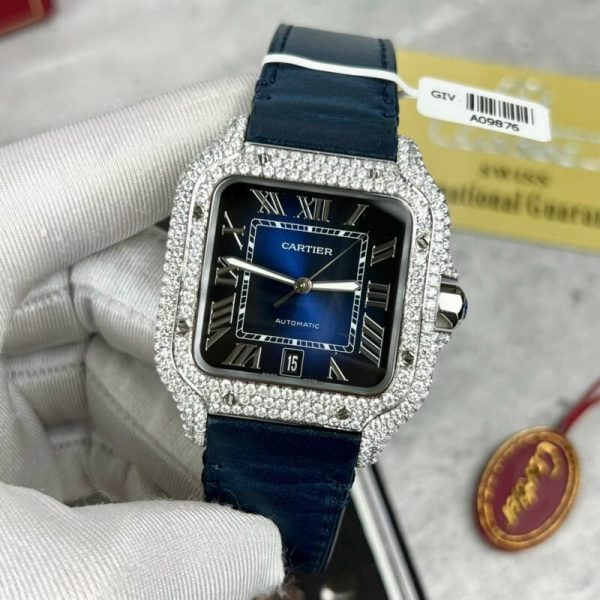 Cartier Santos Large Model Blue Dial Custom Moissanite Case Leather Strap 39.8mm - Image 2