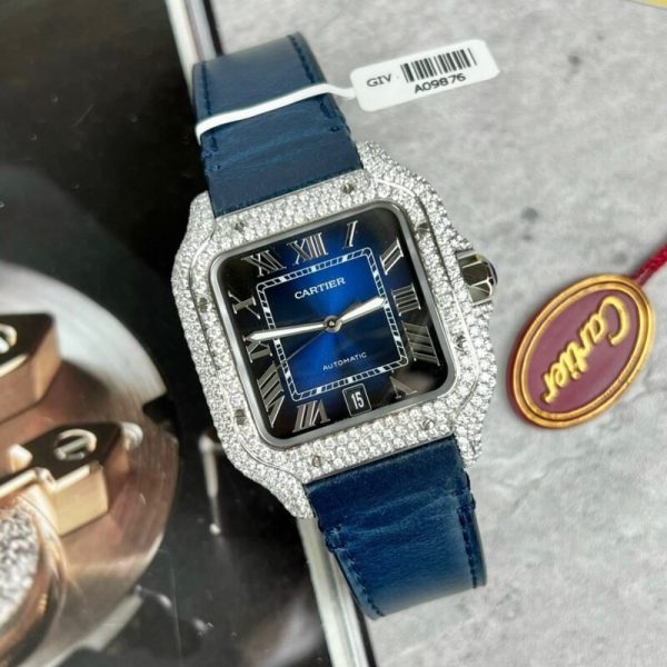 Cartier Santos Large Model Blue Dial Custom Moissanite Case Leather Strap 39.8mm - Image 3