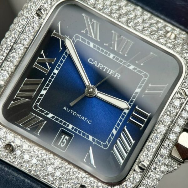 Cartier Santos Large Model Blue Dial Custom Moissanite Case Leather Strap 39.8mm - Image 5