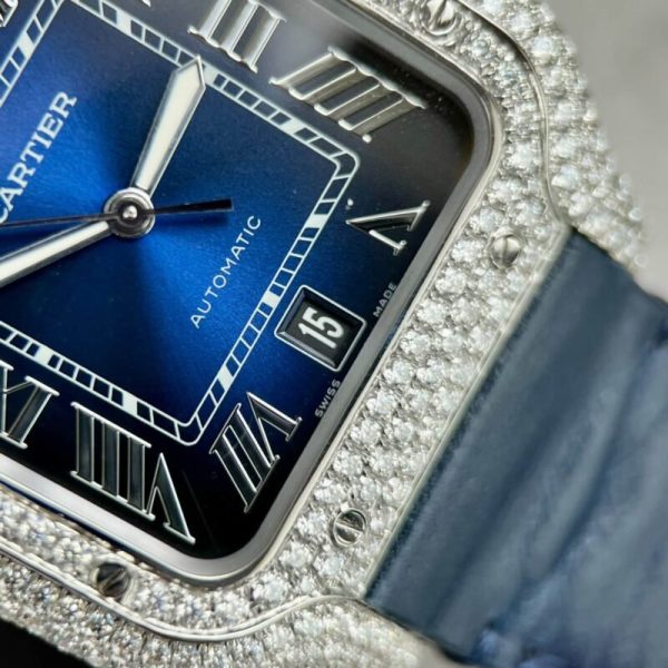 Cartier Santos Large Model Blue Dial Custom Moissanite Case Leather Strap 39.8mm - Image 6