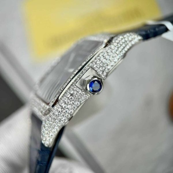 Cartier Santos Large Model Blue Dial Custom Moissanite Case Leather Strap 39.8mm - Image 7