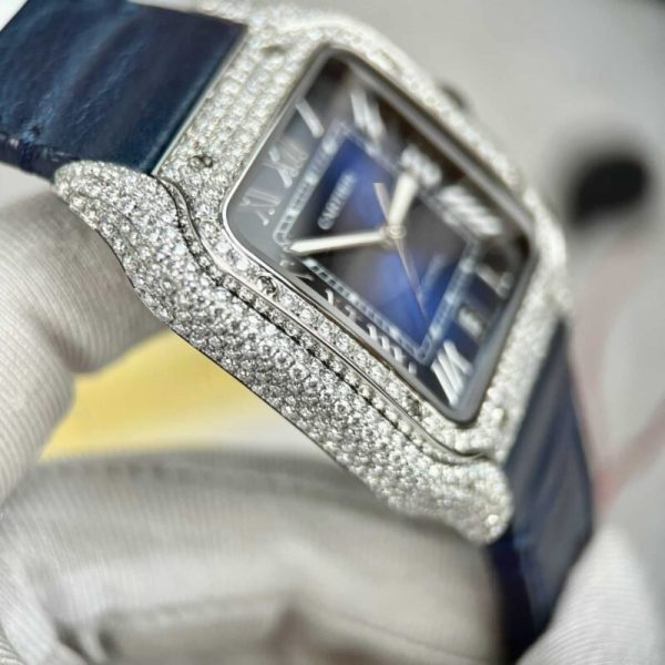 Cartier Santos Large Model Blue Dial Custom Moissanite Case Leather Strap 39.8mm - Image 8