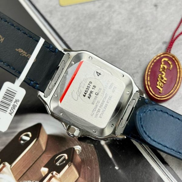 Cartier Santos Large Model Blue Dial Custom Moissanite Case Leather Strap 39.8mm - Image 9