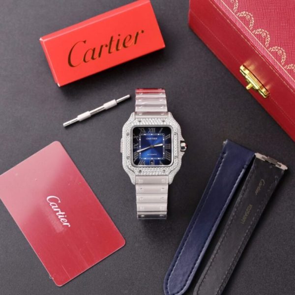 Cartier Santos Blue Dial Custom Moissanite Case Large Model Best Replica BVF 39.8mm - Image 2