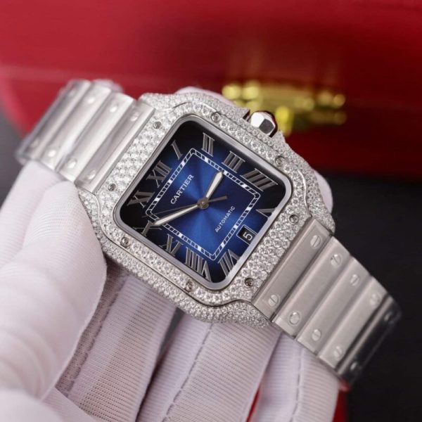Cartier Santos Blue Dial Custom Moissanite Case Large Model Best Replica BVF 39.8mm - Image 3