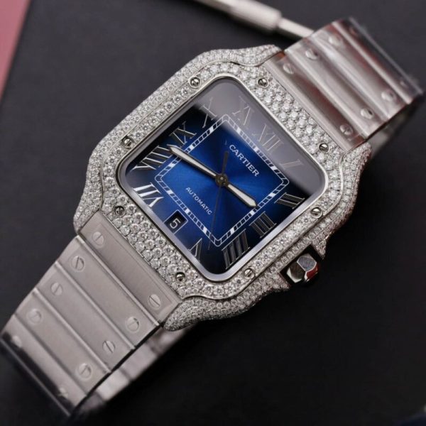 Cartier Santos Blue Dial Custom Moissanite Case Large Model Best Replica BVF 39.8mm - Image 4