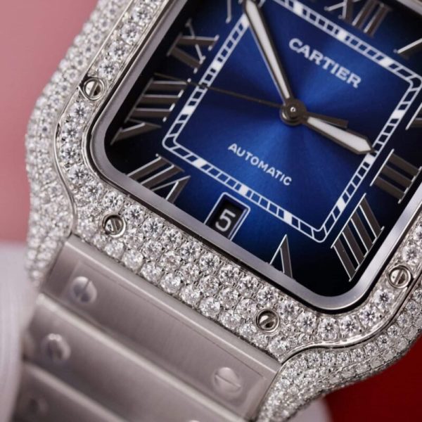 Cartier Santos Blue Dial Custom Moissanite Case Large Model Best Replica BVF 39.8mm - Image 6