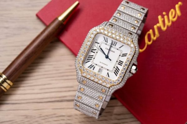 Cartier Santos White Dial Two Tone Large Model Iced Out Moissanite 39.8mm