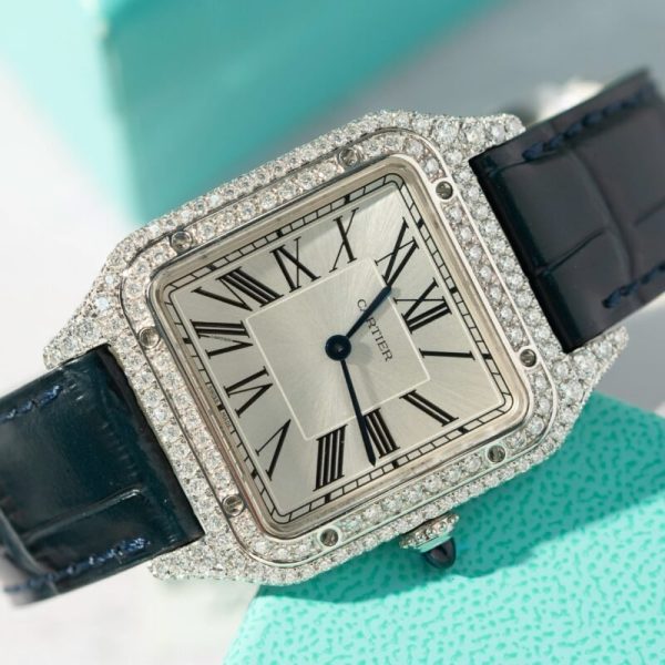 Cartier Santos Dumont Steel Silver Dial Custom Moissanite Case Leather Strap Replica BVF 38mm x 27.5mm - Image 2