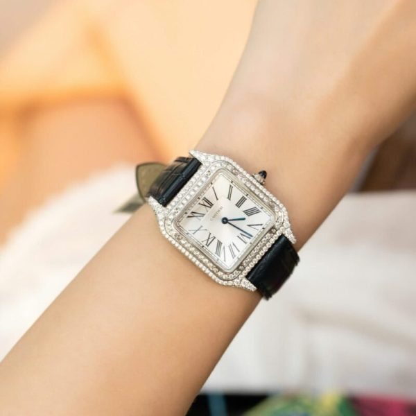 Cartier Santos Dumont Steel Silver Dial Custom Moissanite Case Leather Strap Replica BVF 38mm x 27.5mm - Image 3
