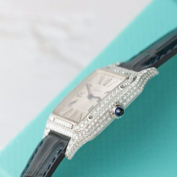 Cartier Santos Dumont Steel Silver Dial Custom Moissanite Case Leather Strap Replica BVF 38mm x 27.5mm - Image 5