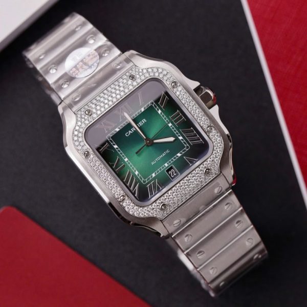 Cartier Santos Green Dial Large Model Custom Moissanite Bezel Best Clone BVF 39.8mm - Image 2