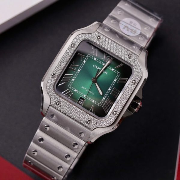 Cartier Santos Green Dial Large Model Custom Moissanite Bezel Best Clone BVF 39.8mm - Image 3