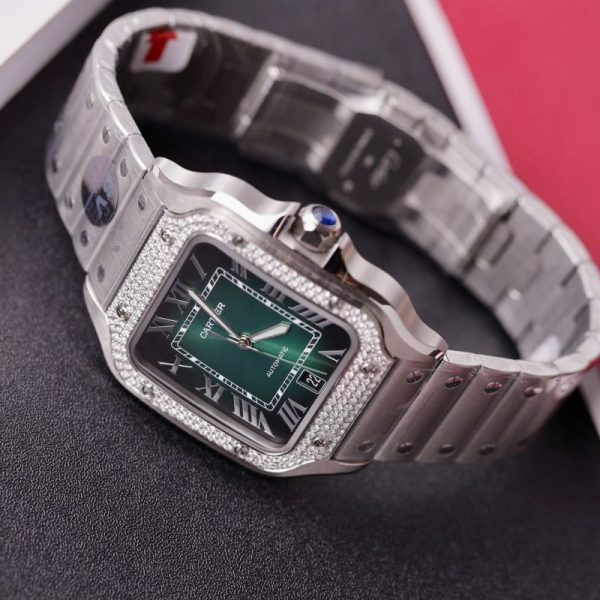 Cartier Santos Green Dial Large Model Custom Moissanite Bezel Best Clone BVF 39.8mm - Image 5