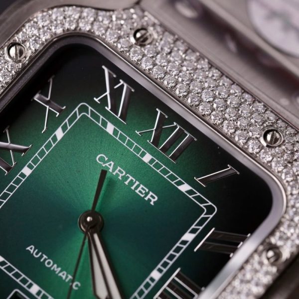 Cartier Santos Green Dial Large Model Custom Moissanite Bezel Best Clone BVF 39.8mm - Image 6