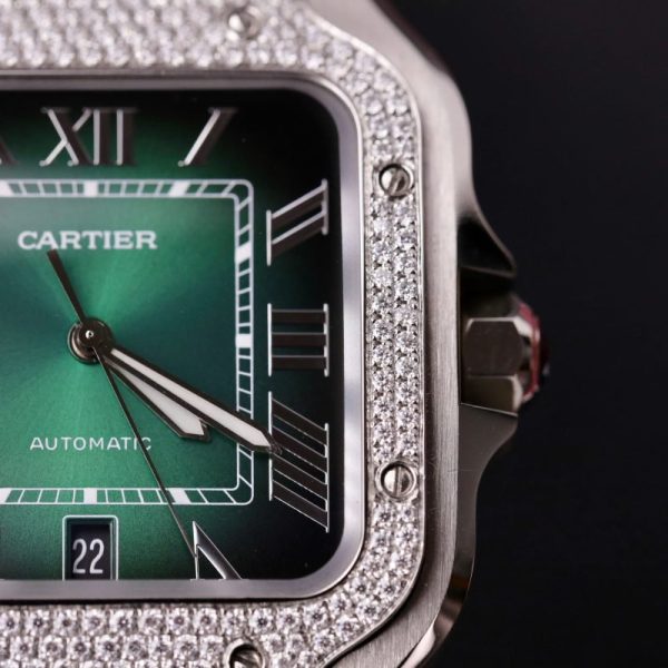 Cartier Santos Green Dial Large Model Custom Moissanite Bezel Best Clone BVF 39.8mm - Image 7