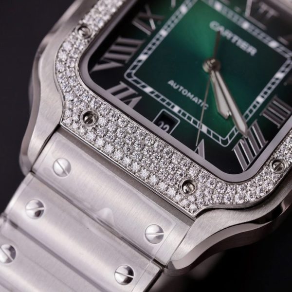 Cartier Santos Green Dial Large Model Custom Moissanite Bezel Best Clone BVF 39.8mm - Image 8