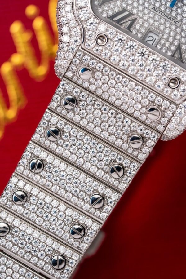 Cartier Santos Iced Out VVS1 Clarity Moissanite Large Model Best Replica 39.8mm - Image 4