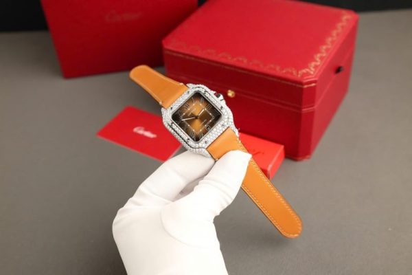 Cartier Santos Large Model Brown Dial Custom Moissanite Case Best Replica 39.8mm - Image 2