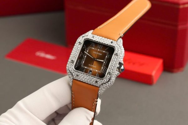 Cartier Santos Large Model Brown Dial Custom Moissanite Case Best Replica 39.8mm - Image 4
