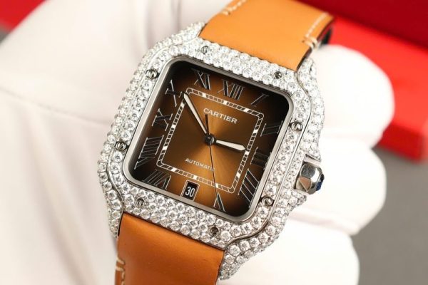 Cartier Santos Large Model Brown Dial Custom Moissanite Case Best Replica 39.8mm - Image 5
