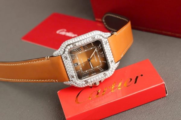 Cartier Santos Large Model Brown Dial Custom Moissanite Case Best Replica 39.8mm - Image 6