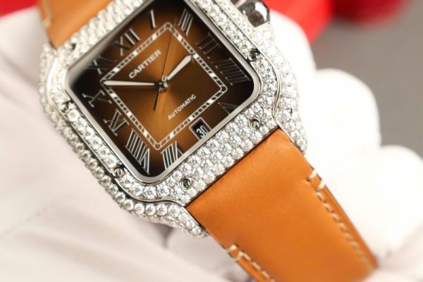 Cartier Santos Large Model Brown Dial Custom Moissanite Case Best Replica 39.8mm - Image 7