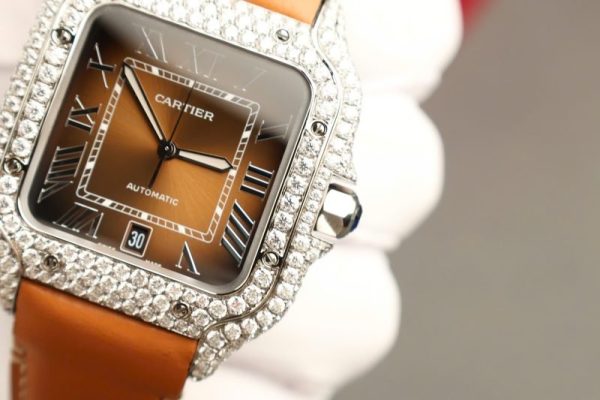 Cartier Santos Large Model Brown Dial Custom Moissanite Case Best Replica 39.8mm - Image 8