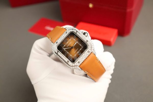 Cartier Santos Large Model Brown Dial Custom Moissanite Case Best Replica 39.8mm - Image 9
