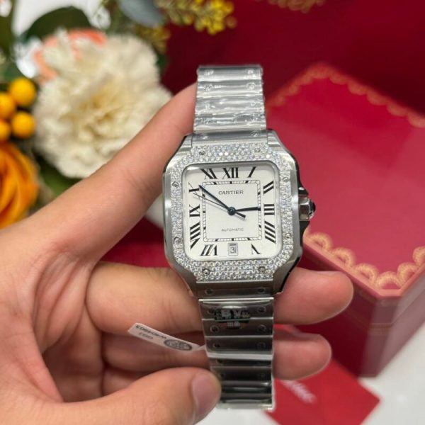 Cartier Santos Large Model White Dial Custom Moissanite Bezel Best Replica BVF 39.8mm - Image 2
