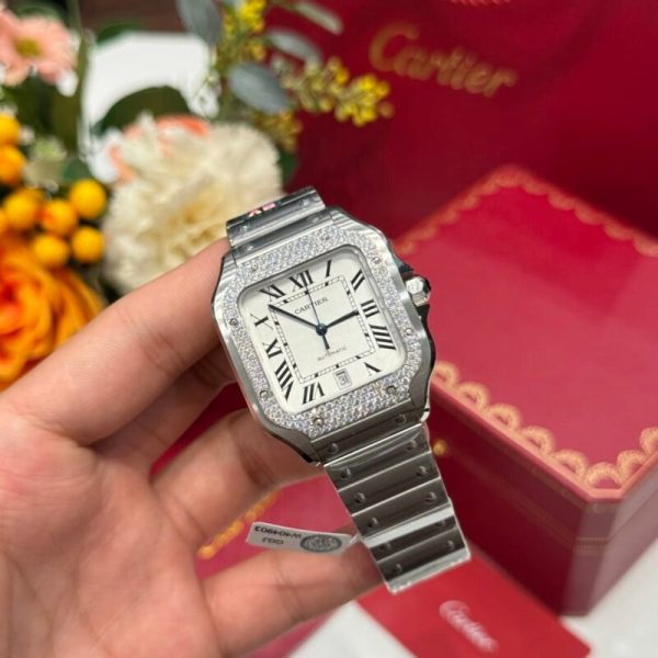 Cartier Santos Large Model White Dial Custom Moissanite Bezel Best Replica BVF 39.8mm - Image 3