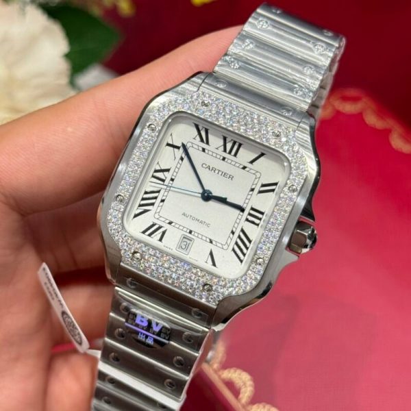 Cartier Santos Large Model White Dial Custom Moissanite Bezel Best Replica BVF 39.8mm - Image 4