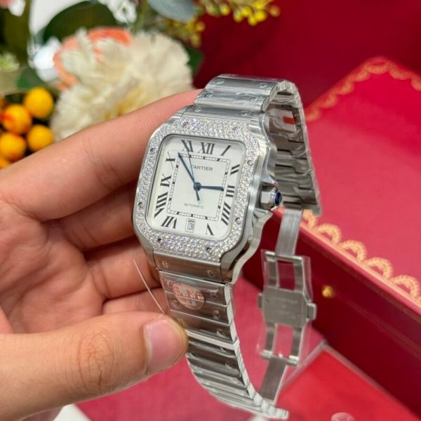Cartier Santos Large Model White Dial Custom Moissanite Bezel Best Replica BVF 39.8mm - Image 6