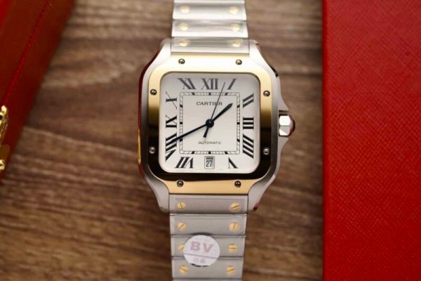 Cartier Santos Two Tone Yellow Gold White Dial Large Model Best Replica BVF 39.8mm