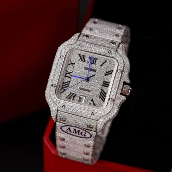 Cartier Santos Steel Large Model Iced Out Swarovski Stones Best Replica 39.8mm - Image 2