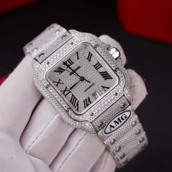Cartier Santos Steel Large Model Iced Out Swarovski Stones Best Replica 39.8mm - Image 3