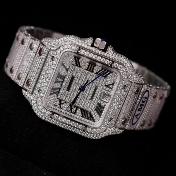 Cartier Santos Steel Large Model Iced Out Swarovski Stones Best Replica 39.8mm - Image 4