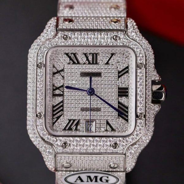 Cartier Santos Steel Large Model Iced Out Swarovski Stones Best Replica 39.8mm - Image 5