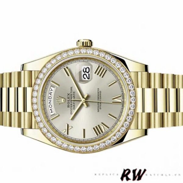 Rolex Day-Date 228348RBR Silver Roman Dial Diamond Bezel 40mm Mens Replica Watch - Image 2